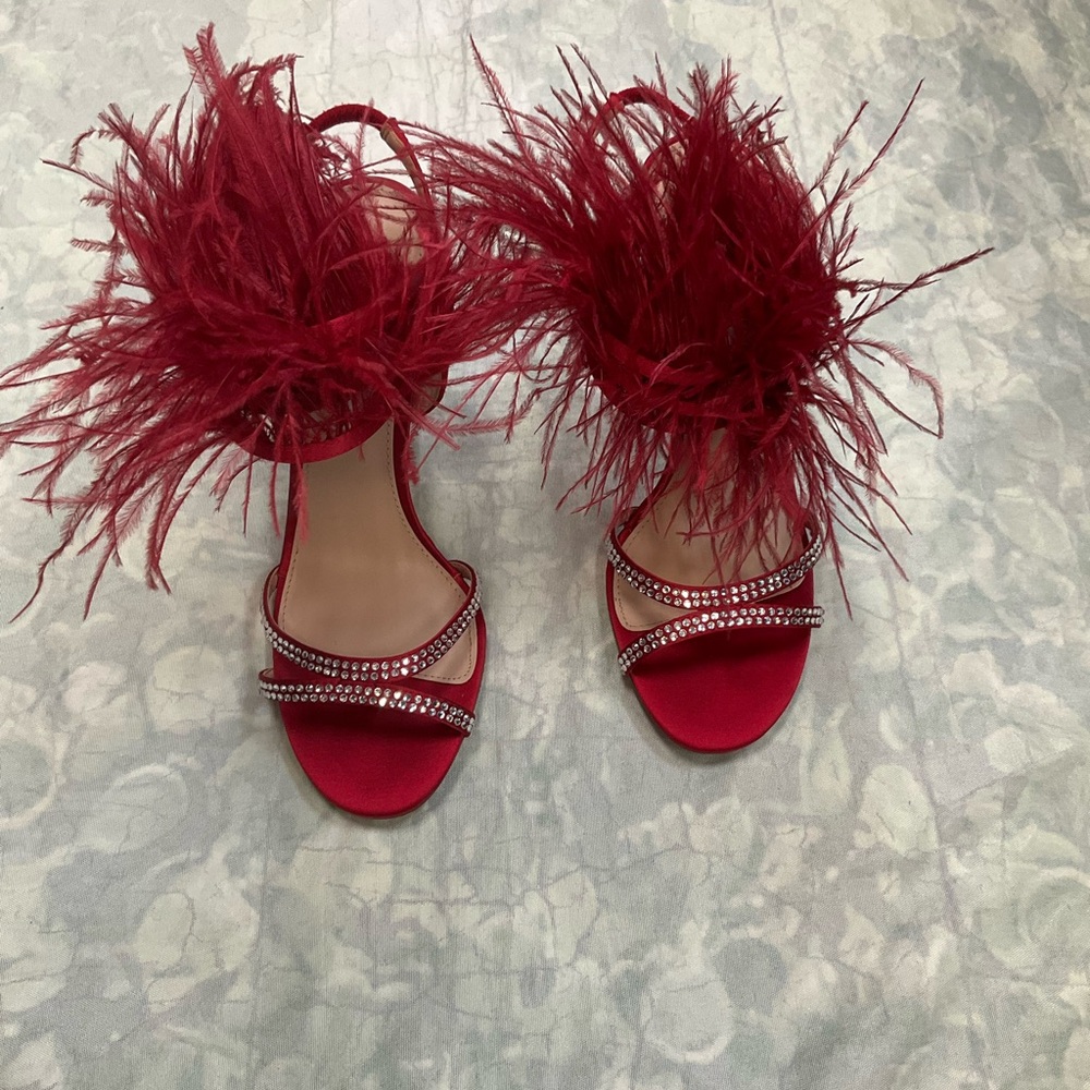 Nina Scarlet Feathered Heels with Sparkling Straps